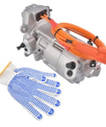 Direct Swap Electric Ev Ac Compressor Fits 2017 To 2020 Tesla Model 3 with orange wiring and safety glove.