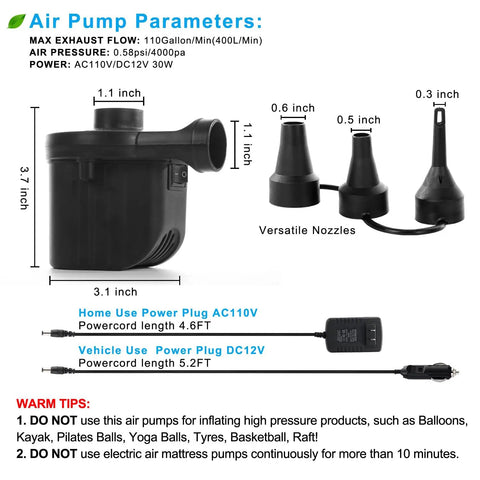 Inflatable Air Pump For Beds And Pools, Fast Electric Pump with nozzles, 12V DC car plug, 110-240V adapter, deflate function