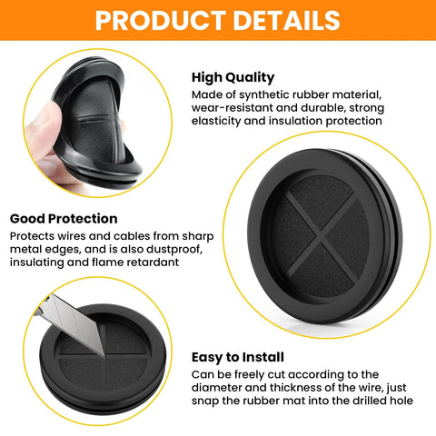 Product details for Rubber Grommets 2-1/8 In ID, 2-1/2 In Drill Hole, showing flexible rubber material and installation guidance.