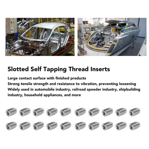 20 Piece Slotted Stainless Steel Self Tapping Threaded Inserts Set for auto and marine repair, shown with 20 inserts