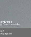 Close-up of gray granite HPL top and gray edge band of kidney shaped classroom table, 36x72 inches, made in USA.