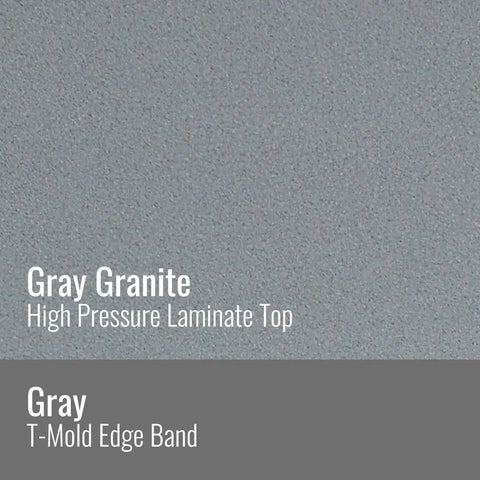 Close-up of gray granite HPL top and gray edge band of kidney shaped classroom table, 36x72 inches, made in USA.