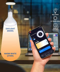 Hand using smartphone app to control Dimmable WiFi Smart LED BR30 Flood Bulbs 24 Pack 9W 60W Equivalent 2700K Soft White 720 Lumens E26 Base.