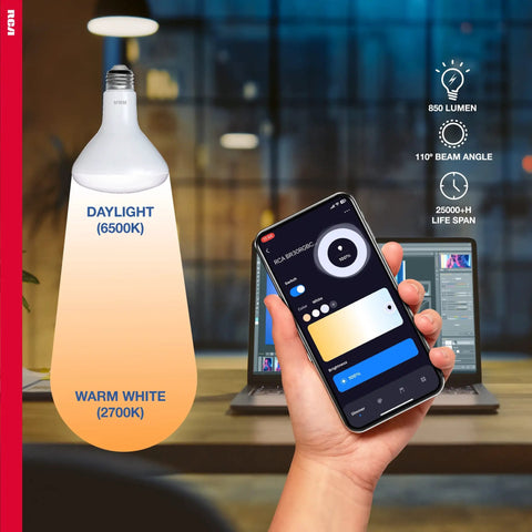 Hand using smartphone app to control Dimmable WiFi Smart LED BR30 Flood Bulbs 24 Pack 9W 60W Equivalent 2700K Soft White 720 Lumens E26 Base.
