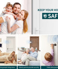 Collage of home safety images featuring family, elderly care, and a child using door lock for security.