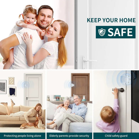 Collage of home safety images featuring family, elderly care, and a child using door lock for security.