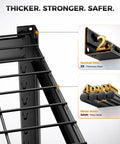 Heavy Duty 4 Tier Wire Storage Rack With 3200 Lbs Total Capacity 800 Lbs Per Shelf Beefy Steel Uprights 4mm Wire Shelves Matte Black Powder Coat 40 Inch Wide By 20 Inch Deep By 60 Inch High Ideal For Garage Or Storage close-up of 2x steel post and 4mm wire shelf