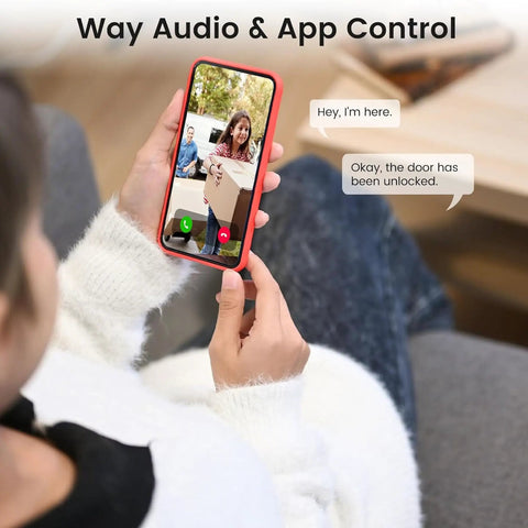 Person using smartphone app for Smart Lock With Camera For Keyless Entry 2K Video WiFi Deadbolt With Fingerprint Keypad App Remote Control.