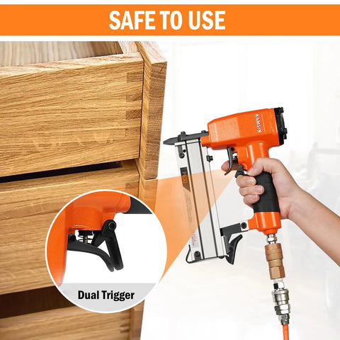 Ultra Lightweight Pneumatic Pin Nailer For Custom Woodworking held by a user, featuring dual trigger and aluminum build.