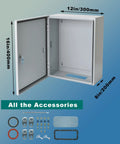 Heavy Duty Waterproof Electrical Enclosure 16 X 12 X 8 Inches with door open, showing locks and accessories.