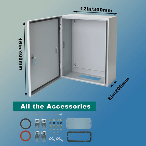 Heavy Duty Waterproof Electrical Enclosure 16 X 12 X 8 Inches with door open, showing locks and accessories.