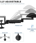 Two Pack Clamp Adjustable Armrests Transform Your Home Office Into A Hella Comfy Haven With Flexible 360 Rotating Elbow Support And Sturdy Steel Base Stand For Epic Desk Setups In Classic Black, showcasing fully adjustable armrest with swivel and rotation.