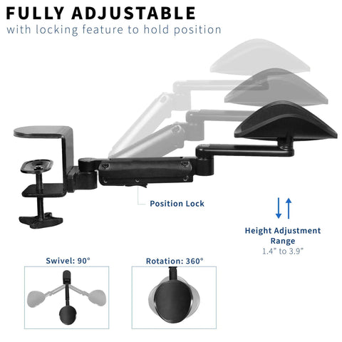 Two Pack Clamp Adjustable Armrests Transform Your Home Office Into A Hella Comfy Haven With Flexible 360 Rotating Elbow Support And Sturdy Steel Base Stand For Epic Desk Setups In Classic Black, showcasing fully adjustable armrest with swivel and rotation.