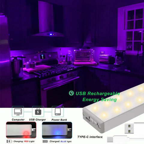Rechargeable Under Cabinet Lights 4 Pack Wireless RGB LED Lighting with Remote installed in kitchen with purple glow