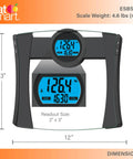 Digital Bathroom Scale With BMI Tracking And Calorie Intake with blue LCD display, 440 Pound Capacity, 12x13 Inch dimensions