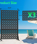 Heavy Duty Outdoor Privacy Screen Freestanding Portable Metal Panels For Deck Balcony Garden And Indoor Use 72 Inch High 46 Inch Wide With Stand Creates Immediate Privacy And Simple Room Dividers shown on beach with chair and umbrella, panel pattern detail, size dimensions