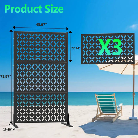 Heavy Duty Outdoor Privacy Screen Freestanding Portable Metal Panels For Deck Balcony Garden And Indoor Use 72 Inch High 46 Inch Wide With Stand Creates Immediate Privacy And Simple Room Dividers shown on beach with chair and umbrella, panel pattern detail, size dimensions