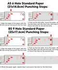 Diagram of punching steps for A5 and B5 paper using a 3 Hole Punch Handheld Metal Round Punch For Do It Yourself Binders Notebooks And Scrapbooks.