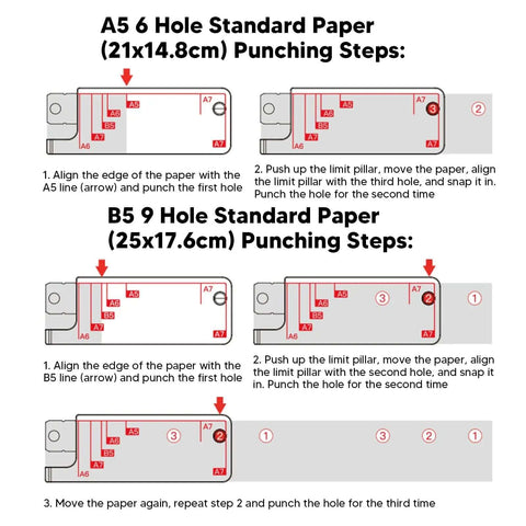 Diagram of punching steps for A5 and B5 paper using a 3 Hole Punch Handheld Metal Round Punch For Do It Yourself Binders Notebooks And Scrapbooks.