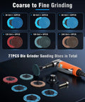 77 Pack 2 Inch Zirconia Sanding Discs with 1 Quarter Inch Roll Lock Quick Change System shown with die grinder