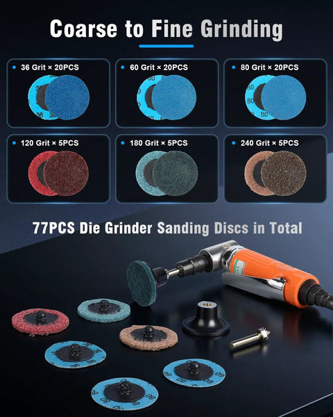 77 Pack 2 Inch Zirconia Sanding Discs with 1 Quarter Inch Roll Lock Quick Change System shown with die grinder