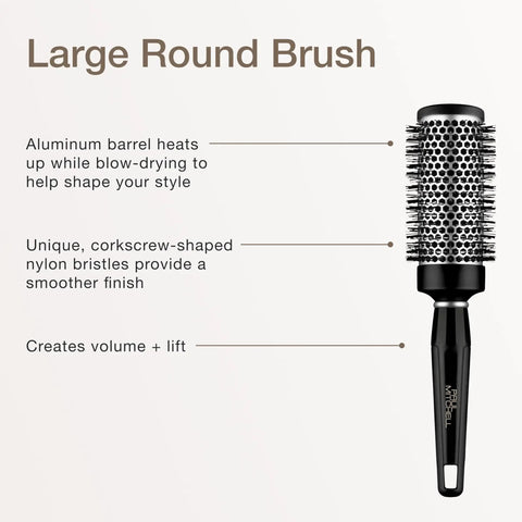 Express Ion Aluminum Round Brush For Blow Drying All Hair Types Large Vented Barrel With Corkscrew Vegan Bristles Delivers Fast Dry Time, Frizz Free Finish, Sleek Style product image showing large round brush with corkscrew bristles.