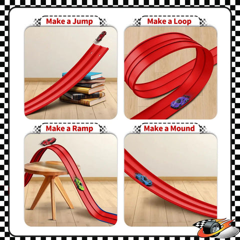 16 Ft Flexible Race Track With Suction Cups For Diecast 1 64th Cars Portable Roll Out Red Car Track Toy For Kids 3 Plus Create Epic Endless Loops Curves And Stunts With Easy Bendable Tracks shown in use for jump, loop, ramp, mound.