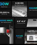 Top Shelf 30 Watt Mopa Fiber Laser Engraver With Red Dot Guide And LightBurn Compatibility For Killer Metal Color Marking On A 6.9x6.9 inch processing area.