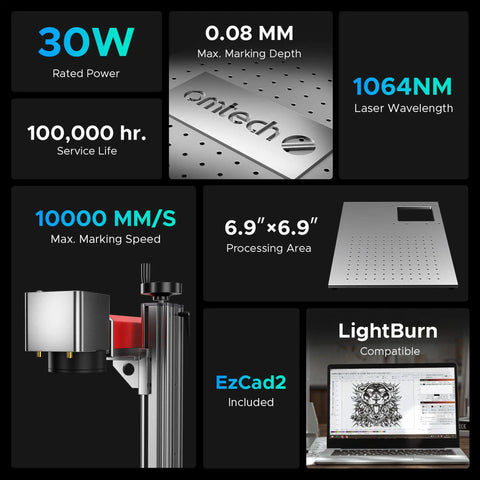 Top Shelf 30 Watt Mopa Fiber Laser Engraver With Red Dot Guide And LightBurn Compatibility For Killer Metal Color Marking On A 6.9x6.9 inch processing area.