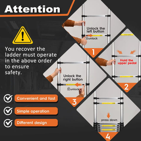 Instructions for using the 10.5 Ft Telescoping Aluminum Ladder With Dual Triangle Stabilizers, Lightweight Extension Ladder
