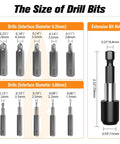 Size chart of drill bits and magnetic extension holder from the Damaged Screw Extractor Set For Pros And DIYers 22 Pc Easy Out Stripped Screw Remover Kit With HSS High Speed Steel Magnetic Extension Bit Holder Socket Adapter All Purpose Broken Screw Remover Tool Kit Nuovoware