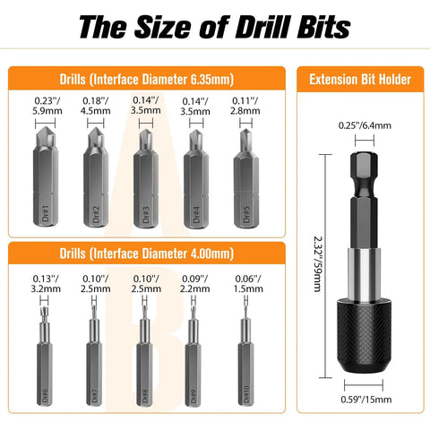Size chart of drill bits and magnetic extension holder from the Damaged Screw Extractor Set For Pros And DIYers 22 Pc Easy Out Stripped Screw Remover Kit With HSS High Speed Steel Magnetic Extension Bit Holder Socket Adapter All Purpose Broken Screw Remover Tool Kit Nuovoware