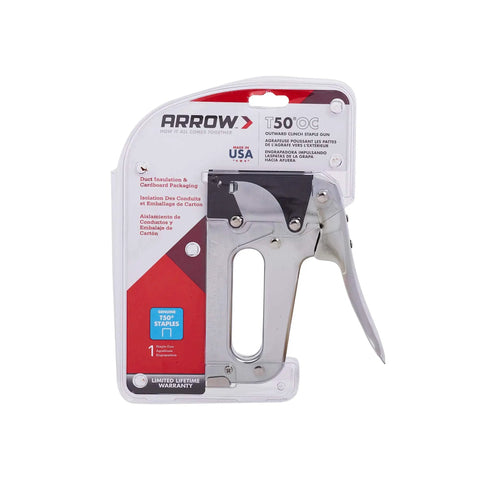 Outward Clinch Heavy Duty Staple Gun for Packaging and Boxes, T50 staples, visible in retail packaging, suitable for cardboard.