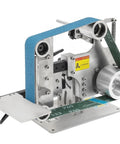 Heavy Duty 1X30 Belt Sander With Brushless Motor, showing steel frame, blue grit belt, and precise motor setup for woodworking.