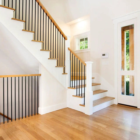 Top Shelf 30 Pack Of 44 Inch Wrought Iron Balusters With Badass Satin Black Finish seen in modern staircase railing setup.