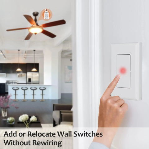 Wireless Light Switch And Receiver Kit With 15A High Power No Wiring No Interference shown in a kitchen and fan setting