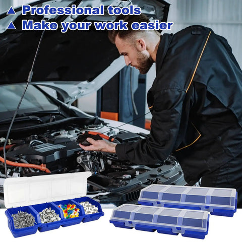 Mechanic using Six Piece Screw Organizers With Lids Plastic Stackable Hardware Bins For Garage And Workshop