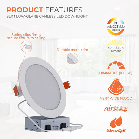Canless Led Recessed Lighting 6 Inch Dimmable Wet Location Rated, shown with durable metal trim and spring clips.