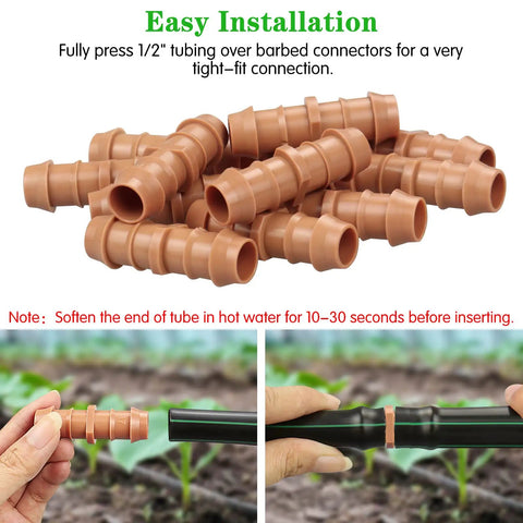 Drip Irrigation Barbed Coupling Set, 20 Pack, 1/2 Inch Tubing Fittings for 17mm 0.600 Inch ID Drip Lines in a garden setting
