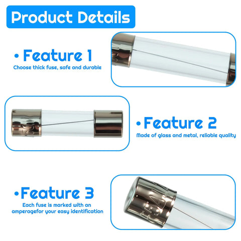 Close-up of Fast Burning Glass Fuse Kit 275 Pieces With 15 Values 6x30mm and 5x20mm fuses showing features and materials.