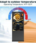 High Octane Outdoor Floor Standing Digital Signage Display showcases operating temperature from 14°F to 122°F with menu.