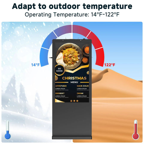 High Octane Outdoor Floor Standing Digital Signage Display showcases operating temperature from 14°F to 122°F with menu.