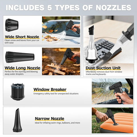 Power Packed Compressed Air Duster With O Shaped Air Duct And 13 Blade Dual Layer Turbo Fan 6 In 1 Cordless Mini Blower Vacuum And Inflator With LED Light Four Speed For Car And Home Use Space Black nozzles