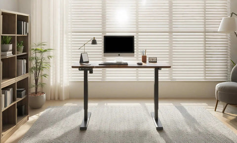 Solid Steel Electric Standing Desk With Double Beam Lift Column For Home Office Gaming Setup, Adjustable Computer Table in bright workspace.