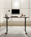 Rock Solid 55 Inch Electric Standing Desk With Dual Motor Lift in home office setup with modern decor and natural light.