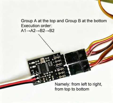 Kickass Gearhead RC Servo Sequence Timing Module with Easy Twist Dial for 3.6 to 8V 4 Channel Steering Gear and ESC Signal Sync Setup Box, wiring connections.