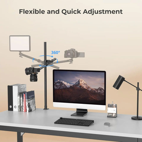 Overhead Desk Mount For Cameras And More Flexible Arm Stand With 360 Degree Ball Head in use with camera and light on desk