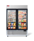 Rock Solid 54 Inch Wide Commercial Display Freezer Featuring Double Glass Doors And Anti Fingerprint Stainless Steel Build Straight Up For Boutiques Stores And Restaurant Bars showcasing various frozen products.