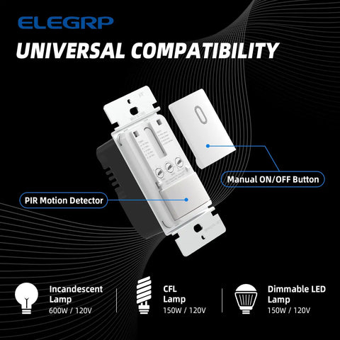 Single Pole Motion Sensor Light Switch With Grounding Wire, PIR Infrared Auto On Off For CFL LED Incandescent, Matte White