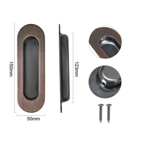 6 Inch Recessed Flush Pull Door Handle For Sliding And Pocket Closet Doors, Oval Finger Pull, Red Copper and Stainless Steel, 2 Pack